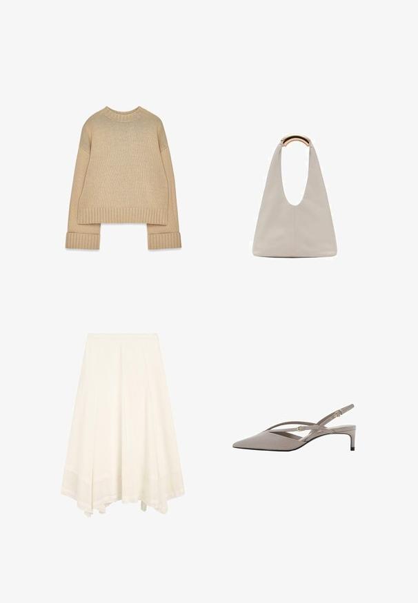 Beżowy sweter dzianinowy z prążkowanym okrągłym dekoltem, mankietami i dolnym wykończeniem, z długimi rękawami i lekko oversize'owym krojem.; Biała spódnica midi w kształcie litery A z rozkloszowanym dołem i subtelnymi pionowymi szwami, z szerokim teksturowanym pasem u dołu.; Beżowe szpilki slingback z ostrym noskiem, cienkimi skrzyżowanymi paskami i niskim obcasem stiletto. Gładki materiał z akcentami w kolorze złota.; Jasnoszara skórzana torba o kształcie litery U z zakrzywionym metalowym uchwytem. Gładka tekstura z minimalnymi szwami i bez widocznych wzorów.