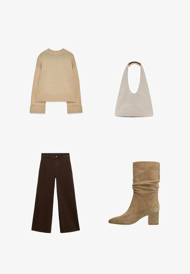 Beige gebreide trui met geribde ronde hals, manchetten en zoom, met lange mouwen en een licht oversized pasvorm.; Bruine wijde broek in katoenmix, met een rafelige zoom, sluiting met een knoop aan de voorkant en een klassieke vijf-pocketstijl. Minimalistisch en veelzijdig.; Taupe suède enkellaars met een slouchy ontwerp, puntige neus en blokhak. Vanzelfsprekend textuur met naaddetails aan de zijkanten.; Lichtgrijze leren tas met een U-vormig ontwerp en een gebogen metalen handvat. Glad oppervlak met minimale stiksels en geen zichtbare patronen.