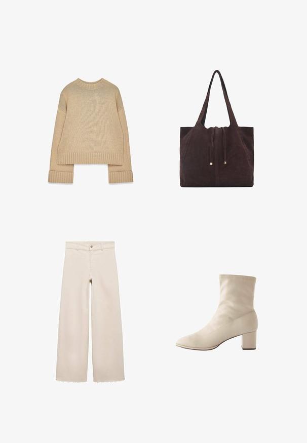 Maglione beige lavorato a maglia con collo rotondo a costine, polsini e orlo, con maniche lunghe e una vestibilità leggermente oversize.; Jeans beige a gamba larga con vita alta, dotati di chiusura a pulsante, tasche frontali e orlo sfrangiato. Realizzati in tessuto denim.; Stivaletto beige realizzato in pelle liscia, con punta appuntita e tacco quadrato. Design senza cuciture con dettagli di cucitura minimali.; Mango Shopping bag - dark brown