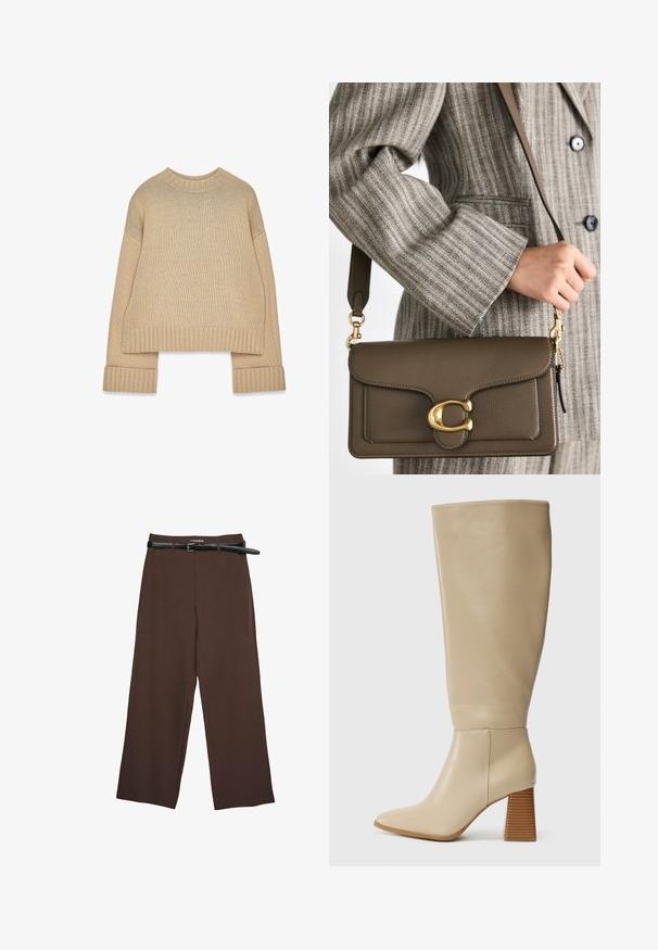 Pull en tricot beige avec un col rond côtelé, des poignets et un ourlet côtelés, doté de manches longues et d'une coupe légèrement oversize.; Pantalons larges marron avec une texture lisse, dotés d'une ceinture noire et d'une taille ajustée, offrant une coupe structurée.; Botte en cuir beige haute jusqu'au genou avec un bout pointu, un talon bloc texturé et une surface lisse. Détail de couture à la cheville et en haut de la tige.; COACH TABBY SHOULDER BAG 26 - Sac à main - dark stone