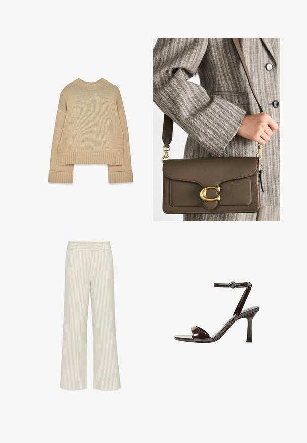 Béžový pletený sveter s rebrovaným okrúhlym výstrihom, manžetami a spodným lemom, s dlhými rukávmi a mierne prehnaným strihom.; Široké nohavice v krémovej látke s jemnými vertikálnymi pruhmi, s plochým pásom a pútkami na opasok. Hladká textúra bez vreciek.; Hnedé lakované sandále na vysokom opätku s remienkom okolo členka, otvorenou špičkou a elegantným, minimalistickým dizajnom. Obsahujú štvorcovú pätu.; COACH TABBY SHOULDER BAG 26 - Kabelka - dark stone