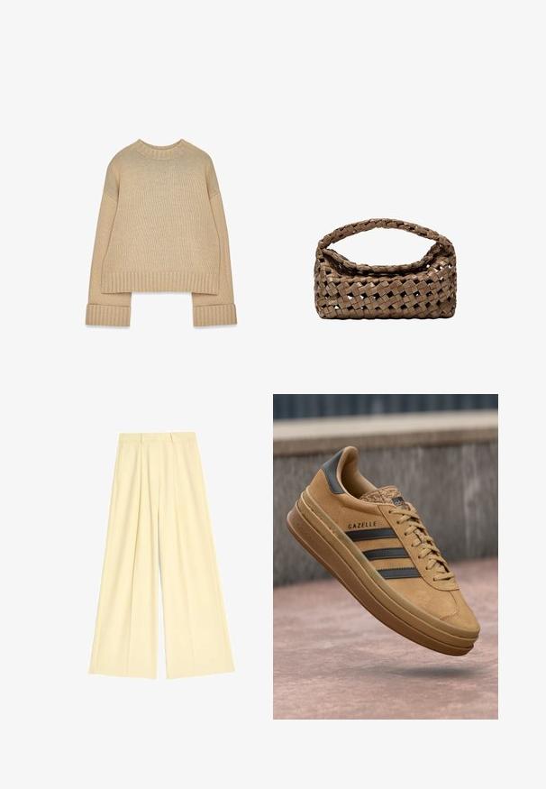 Beige gestrickter Pullover mit geripptem Rundhalsausschnitt, Bündchen und Saum, ausgestattet mit langen Ärmeln und einem leicht übergroßen Schnitt.; Weite Hosen aus einem weichen, hellgelben Stoff, mit Falten und tailliertem Bund. Glatte Textur, keine sichtbaren Muster oder Beschläge.; Beige Wildledersneaker mit glatter Oberfläche, drei dunklen Streifen, abgerundetem Zehenbereich und einer dickeren Sohle mit strukturiertem Rand.; Geflochtener brauner Handtasche in rechteckiger Form, mit strukturiertem Griff und texturierter Oberfläche. Verfügt über einen geschlossenen oberen Teil und ein ausgeklügeltes Geflechtmuster.