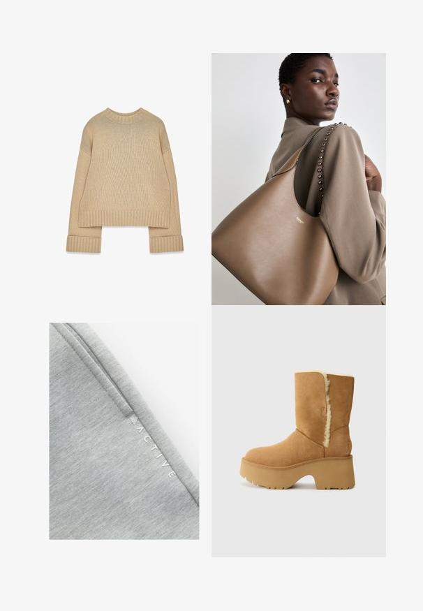 Beige gebreide trui met geribde ronde hals, manchetten en zoom, met lange mouwen en een licht oversized pasvorm.; Grijze sportkledingstof met een gladde, textuurachtige oppervlakte en een subtiel gemêleerd patroon. Het woord "ACTIVE" is in het wit langs de zijkant gedrukt.; UGG NEW HEIGHTS CUFF - Snowboots  - chestnut; Bruine lederen handtas met een gladde textuur, met een gebogen silhouet en een metalen logo. De schouderband heeft decoratieve studs langs de naad.