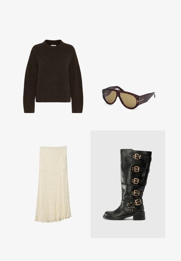 Brauner Strickpullover mit Rundhalsausschnitt und langen Ärmeln, ausgestattet mit einem gerippten Muster am Saum und an den Bündchen. Weiches und kuscheliges Material.; Maxikleid aus Spitze in Off-White, mit einem strukturierten Blumenmuster, tailliertem Bund und fließender Silhouette mit leicht ausgestellt geschnittenem Saum.; RAID GELINA - Cowboy-/Bikerboot - black; Tom Ford BRONSON - Sonnenbrille - dark havana; Mango Shopping Bag - dark brown