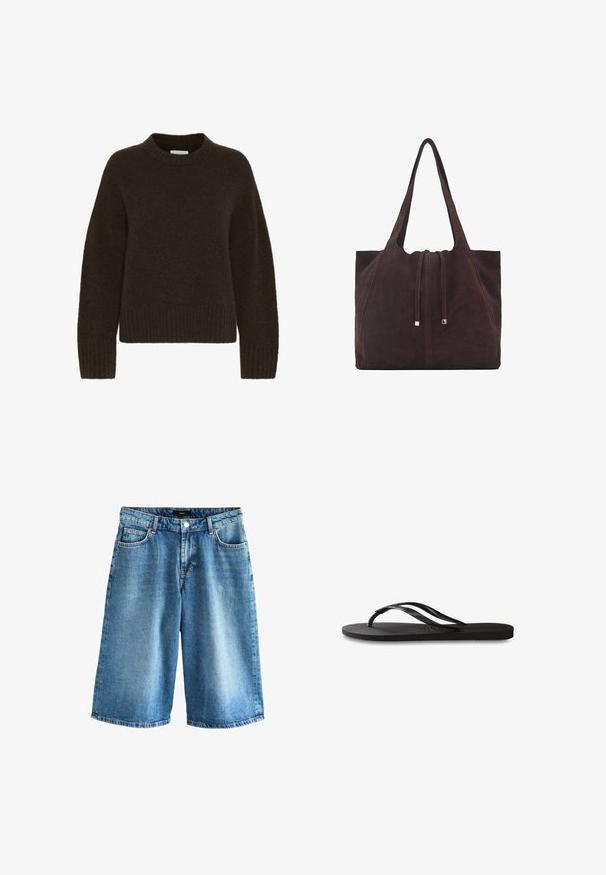 Brauner Strickpullover mit Rundhalsausschnitt und langen Ärmeln, ausgestattet mit einem gerippten Muster am Saum und an den Bündchen. Weiches und kuscheliges Material.; Next Jeans Shorts - dark blue; Schwarze Flip-Flops mit einer strukturierten Gummisohle, zwei schlanken Riemen und einem dezenten, geprägten Logo-Detail auf dem Riemen.; Mango Shopping Bag - dark brown