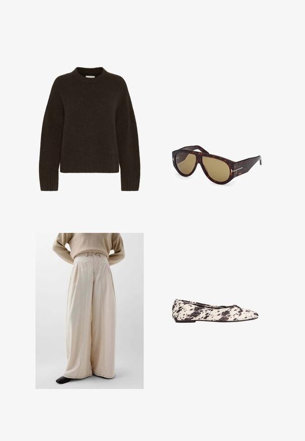 Pull en tricot marron avec un col rond et des manches longues, présentant une texture côtelée à l'ourlet et aux poignets. Matériau doux et confortable.; Pantalons grande largeur beige en tissu texturé, avec une taille haute, des plis à l'avant et des détails de couture visibles.; Ballerine à pois noir et blanc avec un petit nœud sur le bout arrondi et un petit talon, vue de côté sur un fond blanc.; Tom Ford BRONSON - Lunettes de soleil - dark havana