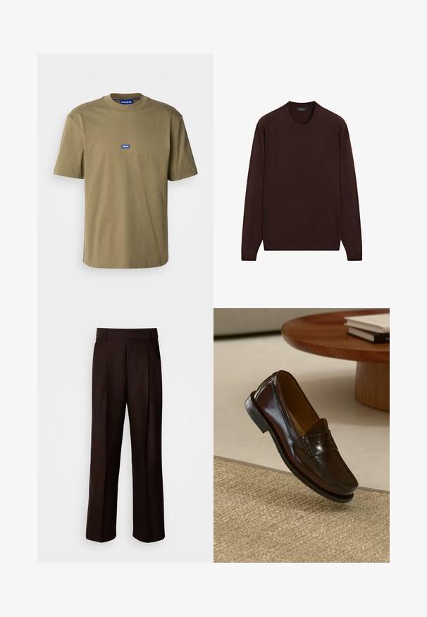 Bordeaux trui met een ronde hals, lange mouwen en geribbelde boorden en onderkant, gemaakt van zacht, textuurstof.; Olijfgroene katoenen t-shirt, ronde hals, korte mouwen, met een blauw rechthoekig logo met "HUGO" op de voorkant, gladde textuur.; Bruine op maat gemaakte broeken met een recht design, voorzien van een voorplooien, een gladde textuur en een klassieke tailleband. Geschikt voor formele gelegenheden.; Bruine leren instappers met een glanzende afwerking, voorzien van een gestikt detail aan de voorkant en een low-profile zwarte rubberen zool.