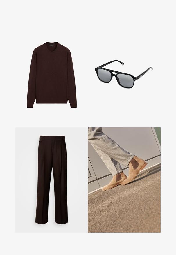 Maglione bordeaux con scollo tondo, maniche lunghe e polsini e orlo a coste, realizzato in un morbido tessuto testurizzato.; Pantaloni marroni su misura con design a gamba dritta, caratterizzati da una piega frontale, texture liscia e una vita classica. Adatti per abbigliamento formale.; Stivali Chelsea in camoscio marrone con pannelli elastici laterali e una suola in gomma liscia color tan, abbinati a pantaloni grigi chiari su una superficie texturizzata.; Occhiali da sole neri con montatura rettangolare, lenti grigie oscurate e design con intaglio sul ponte. Materiale plastico lucido e slanciato, con tempie sottili.