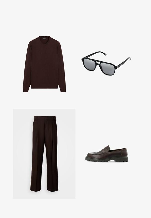 Burgunderfarbener Pullover mit Rundhalsausschnitt, langen Ärmeln sowie gerippten Bündchen und Saum, aus weichem, strukturiertem Stoff gefertigt.; Braune maßgeschneiderte Hose mit geradem Bein, versehen mit einer vorderen Falte, glatter Textur und klassischem Bund. Geeignet für formelle Anlässe.; Dunkelbraune Lederloafers mit strukturiertem Finish, runder Spitze und einer klobigen schwarzen Gummisohle. Verfügt über einen dekorativen genähten Akzent.; Schwarze Sonnenbrille mit rechteckigen Rahmen, grauen getönten Gläsern und einer Aussparung im Nasensteg. Schlanker, glänzender Kunststoff, mit schmalen Bügeln.
