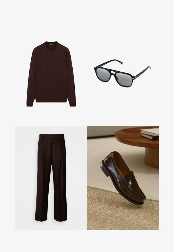 Burgundský svetřík s kulatým výstřihem, dlouhými rukávy a žebrovanými manžetami a lemem, vyrobený z měkké strukturované látky.; Hnědé kalhoty na míru se střihovým designem rovného nohavice, s předním skladem, hladkou texturou a klasickým pasem. Vhodné pro formální nošení.; Hnědé kožené loafery s lesklým povrchem, zdobené prošíváním vpředu a nízkoprofilovou černou gumovou podrážkou.; Černé sluneční brýle s obdélníkovými rámy, šedými tónovanými skly a designem s výřezem ve střední části. Hladký, lesklý plastový materiál, s úzkými stranami.