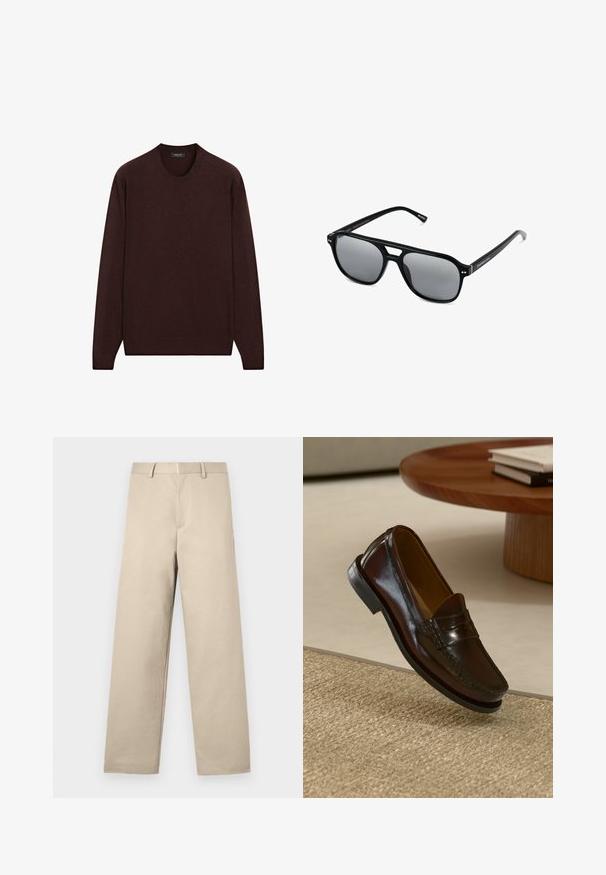Bordowy sweter z okrągłym dekoltem, długimi rękawami oraz ściągaczami przy mankietach i dolnej części, wykonany z miękkiego, teksturowanego materiału.; Beżowe spodnie o prostym kroju nogawki, z płaskim przodem, dwiema bocznymi kieszeniami i suwakowym zapięciem. Wykonane z gładkiej bawełnianej tkaniny.; Brązowe skórzane mokasyny o błyszczącym wykończeniu, z przeszyciem z przodu i niskoprofilową czarną gumową podeszwą.; Czarne okulary przeciwsłoneczne z prostokątnymi oprawkami, szarymi soczewkami i wycięciem w mostku. Gładki, błyszczący materiał plastikowy, z wąskimi zausznikami.