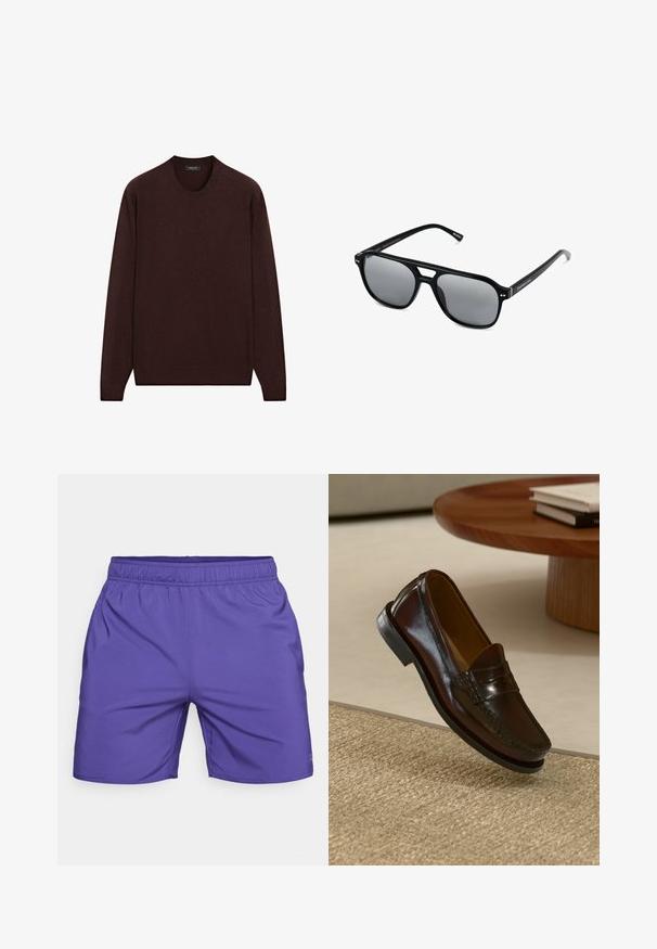 Burgundytröja med rund halsringning, långa ärmar och ribbade manschetter och nederkant, tillverkad av mjukt, strukturerat tyg.; Lila shorts i lättviktsmaterial med resårmidja. Har en enkel design och en sömd kant. Inga fickor eller detaljer.; Bruna läderloafers med en glansig finish, som har en sömdekoration framtill och en lågprofilerad svart gummisula.; Svarta solglasögon med rektangulära bågar, gråtonade linser och en design med urtag i näsbryggan. Slank, glänsande plastmaterial, med smala skalmar.