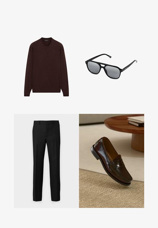 Burgunderfarbener Pullover mit Rundhalsausschnitt, langen Ärmeln sowie gerippten Bündchen und Saum, aus weichem, strukturiertem Stoff gefertigt.; Schwarze, maßgeschneiderte Hosen mit glatter Textur, geradem Bein, Falten vorne und flachem Bund. Keine sichtbaren Taschen.; Braune Leder-Lederschuhe mit glänzender Oberfläche, die eine gestickte Detail entlang der Vorderseite und eine niedrigprofilierte schwarze Gummisohle aufweisen.; Schwarze Sonnenbrille mit rechteckigen Rahmen, grauen getönten Gläsern und einer Aussparung im Nasensteg. Schlanker, glänzender Kunststoff, mit schmalen Bügeln.