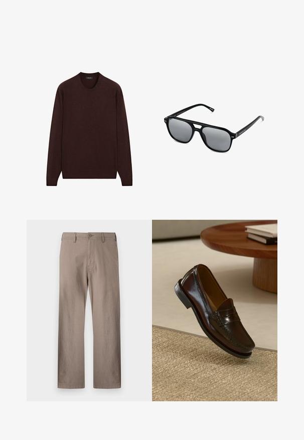 Burgundytröja med rund halsringning, långa ärmar och ribbade manschetter och nederkant, tillverkad av mjukt, strukturerat tyg.; Beige raka byxor i lätt tyg med knappstängning, som har framfickor och ren sömnad.; Bruna läderloafers med en glansig finish, som har en sömdekoration framtill och en lågprofilerad svart gummisula.; Svarta solglasögon med rektangulära bågar, gråtonade linser och en design med urtag i näsbryggan. Slank, glänsande plastmaterial, med smala skalmar.