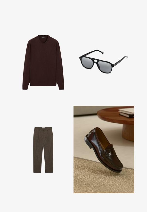 Bordowy sweter z okrągłym dekoltem, długimi rękawami oraz ściągaczami przy mankietach i dolnej części, wykonany z miękkiego, teksturowanego materiału.; Brązowe spodnie w kratę z zakładkami, wykonane z fakturowanego materiału. Posiadają dopasowany pas i zwężane nogawki dla eleganckiego wyglądu.; Brązowe skórzane mokasyny o błyszczącym wykończeniu, z przeszyciem z przodu i niskoprofilową czarną gumową podeszwą.; Czarne okulary przeciwsłoneczne z prostokątnymi oprawkami, szarymi soczewkami i wycięciem w mostku. Gładki, błyszczący materiał plastikowy, z wąskimi zausznikami.