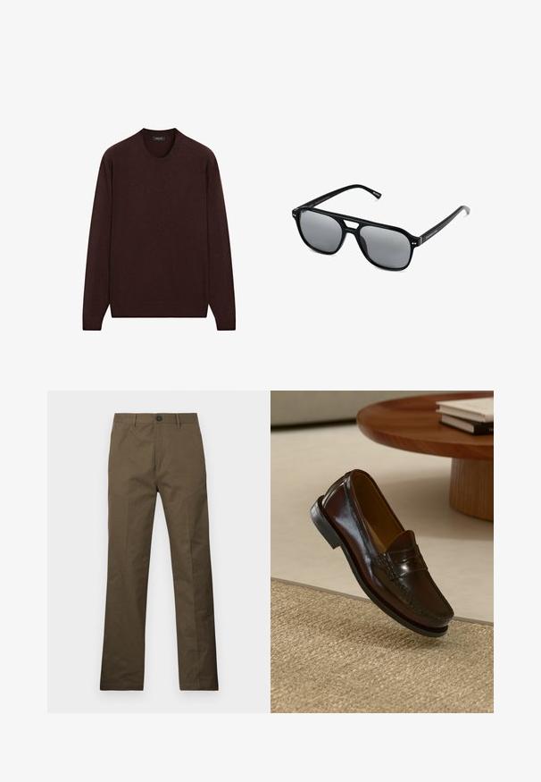 Burgunderfarbener Pullover mit Rundhalsausschnitt, langen Ärmeln sowie gerippten Bündchen und Saum, aus weichem, strukturiertem Stoff gefertigt.; Braune Baumwollhosen mit geradem Schnitt, mit Knopfverschluss und Seitentaschen, vor einem weißen Hintergrund präsentiert.; Braune Leder-Lederschuhe mit glänzender Oberfläche, die eine gestickte Detail entlang der Vorderseite und eine niedrigprofilierte schwarze Gummisohle aufweisen.; Schwarze Sonnenbrille mit rechteckigen Rahmen, grauen getönten Gläsern und einer Aussparung im Nasensteg. Schlanker, glänzender Kunststoff, mit schmalen Bügeln.