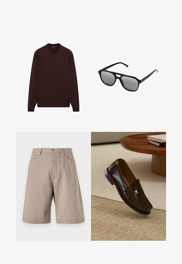 Burgundytröja med rund halsringning, långa ärmar och ribbade manschetter och nederkant, tillverkad av mjukt, strukturerat tyg.; Ljusbruna shorts med smala ränder och rak passform. Har dragkedja fram, två sidofickor och en metallknapp som stängning.; Bruna läderloafers med en glansig finish, som har en sömdekoration framtill och en lågprofilerad svart gummisula.; Svarta solglasögon med rektangulära bågar, gråtonade linser och en design med urtag i näsbryggan. Slank, glänsande plastmaterial, med smala skalmar.