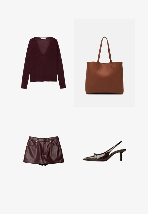 Burgunderfarbener Pullover mit langen Ärmeln, tiefem V-Ausschnitt und gerippter Textur. Er hat Raglanärmel und einen lockeren Schnitt.; Burgunderfarbene Kunstleder-Minirock mit zwei vorderen Taschen, sichtbaren Nähten, einem Frontreißverschluss und Knopfverschluss. Schlanker, glatter Textur.; Braune Lackleder-Slingback-Schuhe mit spitzem Zehenbereich, niedrigem Absatz und einer dekorativen Schleifenakzent an der Vorderseite. Glatte, glänzende Textur.; Braune Leder-Tote mit glatter Textur, offenem Oberteil und zwei Schulterriemen. Verfügt über minimale Nähte und keine sichtbaren Beschläge.