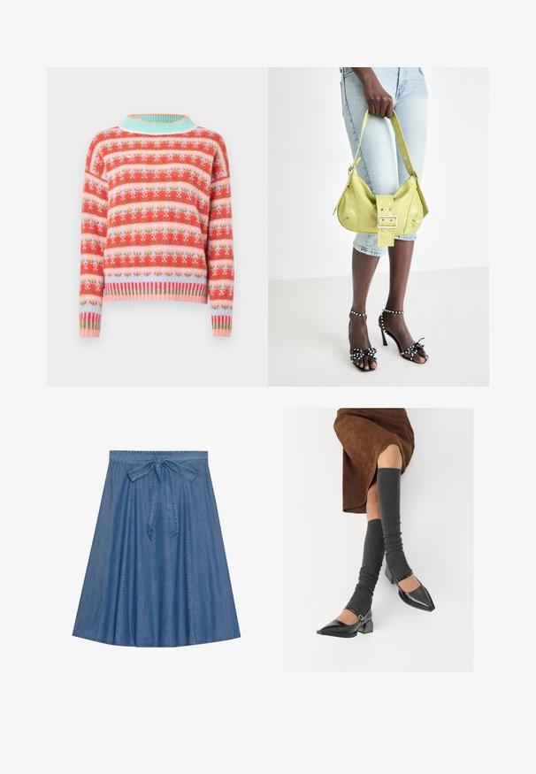 Knit sweater featuring a red, pink, and green floral pattern with a light blue ribbed collar and bottom. Relaxed fit with long sleeves.; Denim skirt in a medium blue shade. Features a gathered waist with a tie detail. A-line shape with a smooth texture and knee-length design.; Black patent leather pointed-toe shoes with a block heel and ankle strap, paired with gray ribbed leg warmers and a brown suede skirt.; Yellow perforated handbag with a buckle detail and adjustable strap, paired with denim shorts and black high-heeled sandals with bows.