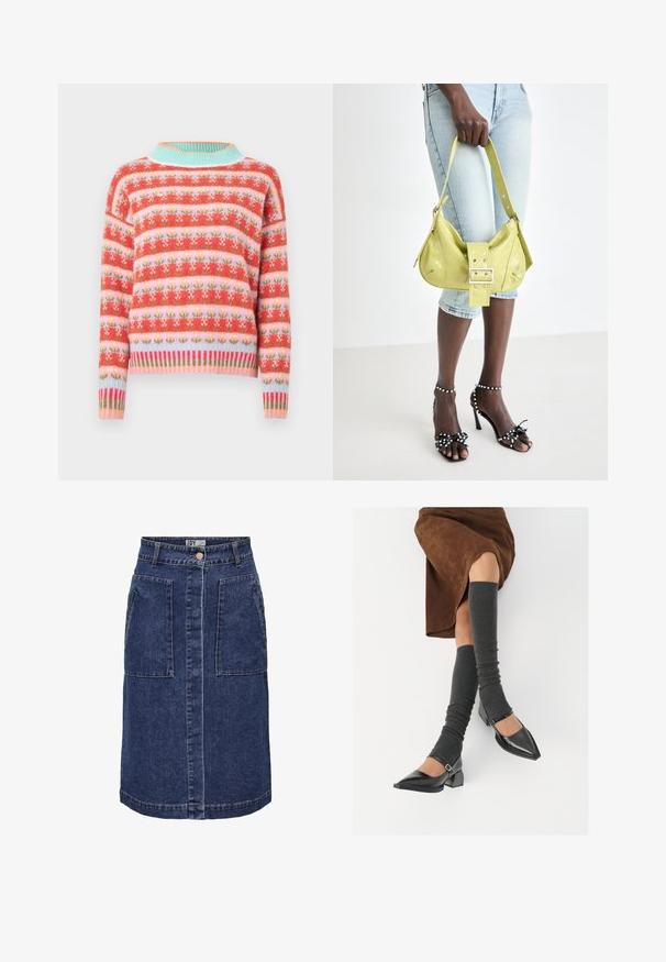 Strikket genser med et rødt, rosa og grønt blomstermønster, og en lyseblå ribbestrikket krage og kant nederst. Løs passform med lange ermer.; Mørkeblå denim A-linje skjørt, med to store frontlommer, sentral knappelukking og kontrastsømmene langs sømmene.; Sorte lakkpumps med spiss tå, blokkhel, og ankelstropp, kombinert med grå ribbestrikkede beinvarmere og et brunt semsket skinn skjørt.; Gul perforert veske med spenne detaljer og justerbar stropp, kombinert med denimshorts og svarte hælhøyde sandaler med sløyfer.
