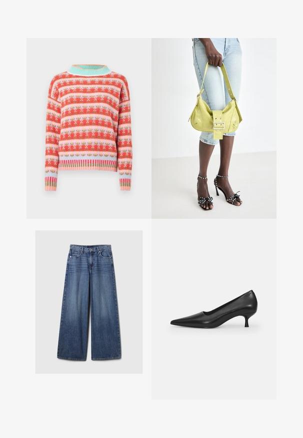 Pleteni pulover z rdečim, roza in zelenim cvetličnim vzorcem ter svetlo modrim rebrastim ovratnikom in spodnjim delom. Ohlapen kroj z dolgimi rokavi.; Široke jeans hlače iz modrega denima z bledečim finišem, z gumbom in zadrgo, petimi žepi in zanko za pas.; Črne usnjene visokotlačne čevlje s koničastim nosom, ukrivljeno obliko in ozkim 5 cm peto. Gladka tekstura z minimalnimi okraski.; Rumena perforirana torbica z detajlom z zaponko in nastavljivimi naramnicami, v kombinaciji z denim kratkimi hlačami in črnimi visokimi salonarji z pentljami.