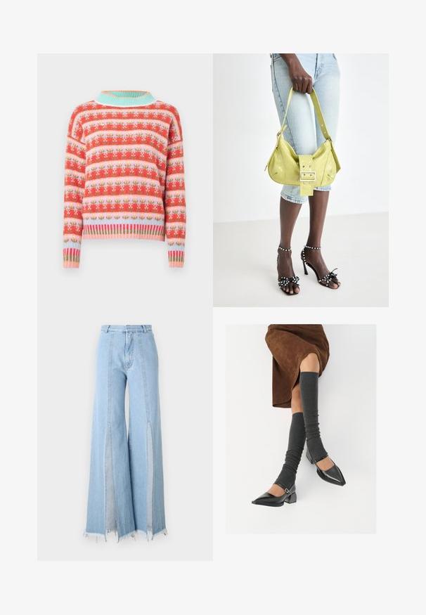 Kootud kampsun, millel on punase, roosa ja rohelise lillemustriga ning hele sinine soonikkoes krae ja alumine serv. Lõdvestunud lõige ja pikad varrukad.; Heledad sinine laiade sääreline teksad kõrge vöökohaga, külgsongade ja toore servaga. Valmistatud denimist kontrastsetest õmblustest detailidega.; Mustad patsaline odav värviga kingad, millel on kreen ja pahkluuring, on paaritatud hallide ribakudumitega sääremiidega ja pruunist nahast seelikuga.; Kollane perforatsiooniga käekott, millel on kinnituse detail ja pikendatav rihm, koos teksashortsidega ning mustade kõrgete kontsadega sandaalidega, millel on paelad.