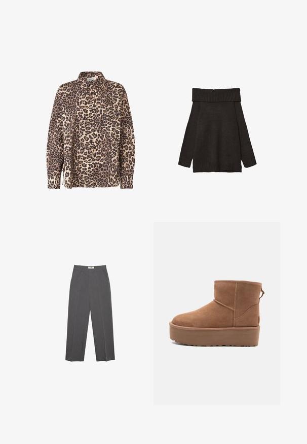 Stradivarius EXPOSED SHOULDER - Pullover - brown; Chemise à boutons en imprimé léopard dans un tissu beige et marron. Elle a des manches longues, un col et une poche poitrine.; Pantalons droits gris en tissu texturé, avec une taille mi-haute, des passants de ceinture et des poches latérales. Aucun motif ou accent visible.; Bottine en suède tan avec une semelle plate-forme, un bout arrondi et des accents de couture ; elle est dotée d'une languette à l'arrière pour un enfilage facile.