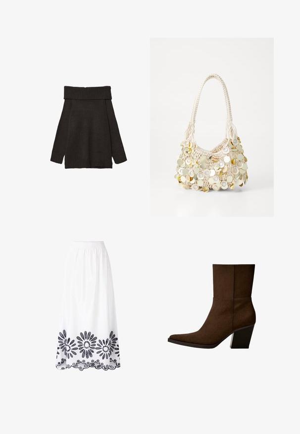 Stradivarius EXPOSED SHOULDER - Striktrøje - brown; To tanktoppe udstillet, en sort og en hvid. Begge har en ribbet tekstur og brede stropper med en rund halsudskæring.; Hvid lang nederdel lavet af stof med elastisk talje. Har indviklet marineblå blomsterbroderi langs kanten og bølget kant.; Brun ruskinds ankelstøvle med spids tå og kraftig hæl, der har et minimalistisk design og en glat tekstur mod en hvid baggrund.; PARFOIS SHOULDER BAG AU NATUREL S - Håndtasker - ecru