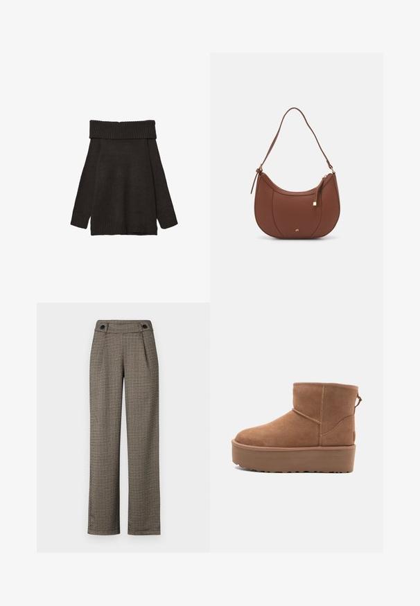Stradivarius EXPOSED SHOULDER - Pullover - brown; Pantalon à carreaux marron avec taille haute, présentant des plis sur les côtés et des accents de boutons noirs. Fabriqué dans un tissu tissé texturé.; Bottine en suède tan avec une semelle plate-forme, un bout arrondi et des accents de couture ; elle est dotée d'une languette à l'arrière pour un enfilage facile.; Sac à épaule en faux cuir brun, de forme arrondie, avec des coutures minimales et un accent en matériel doré. Il possède une fermeture zippée sur le dessus et une sangle réglable.