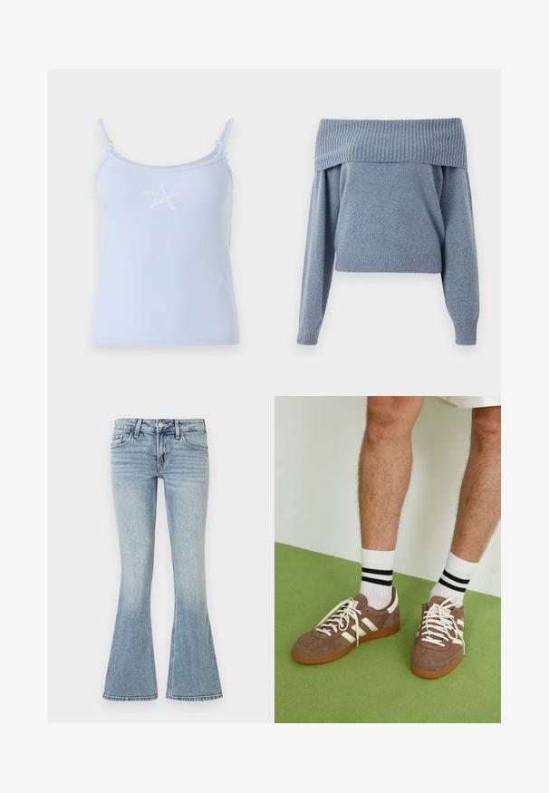 Lyseblå av-og-på skuldrene genser med ribbestrikket hals og mansjetter. Myk tekstur, kort design og lange ermer.; Lys blå ribbestrikket tanktop med tynne stropper. Har et hvitt brodert sjøstjerne-design på forsiden. Glatt tekstur med minimale dekorasjoner.; Lyseblå utsvingte jeans laget av denim, med frontlukking med knapp, fem lommer og subtile falminger langs beina.; Brune mokkasko med hvite detaljer og snøring. Gummisåle. Brukt med hvite sokker med svarte striper. Grønn teksturert gulv.