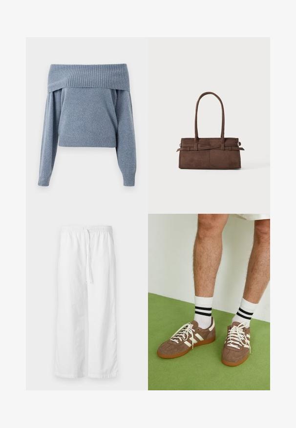 Sweater azul claro sem ombros com decote e punhos canelados. Textura suave, design cropped e mangas longas.; Calças largas brancas com textura, cintura elástica e cordão ajustável. Design simples e minimalista sem adornos.; Sapatilhas de camurça castanha com detalhes e atacadores brancos. Sola de borracha color de caramelo. Usadas com meias brancas com riscas pretas. Piso texturizado verde.; Bolsa de jeito em camurça castanha com duas alças robustas, forma retangular e detalhe decorativo em tiras na frente.
