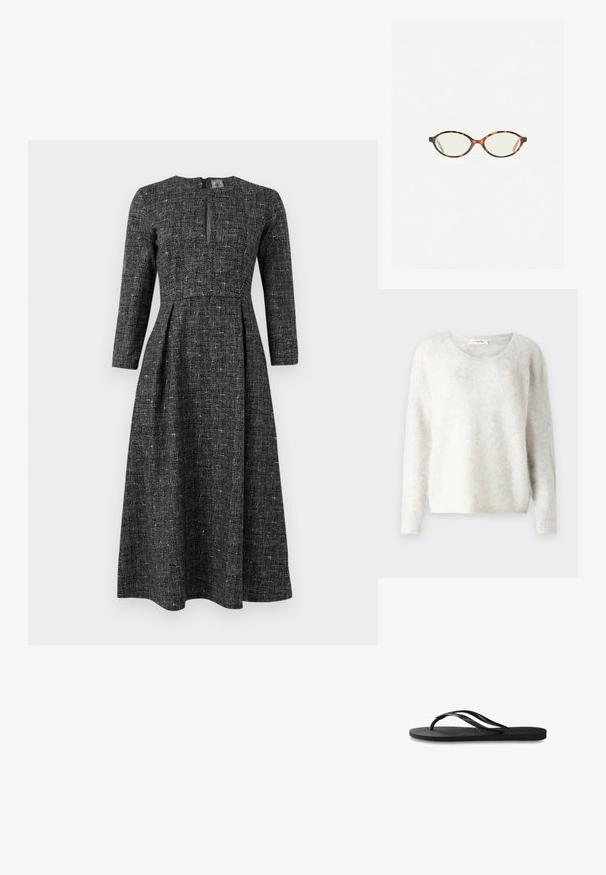 Light gray, long-sleeve sweater made of soft, fuzzy material with a round neckline and relaxed fit. No visible patterns or hardware.; Black and white patterned dress with long sleeves, a high neckline, and a front slit. Made of textured fabric with a fitted bodice and flared skirt.; Black flip-flop featuring a textured rubber sole, two slender straps, and a subtle, embossed logo detail on the strap.; Tortoiseshell eyeglasses with oval lenses and a sleek, smooth finish. Features thin sides with a subtle curve at the temples. Clear lenses.