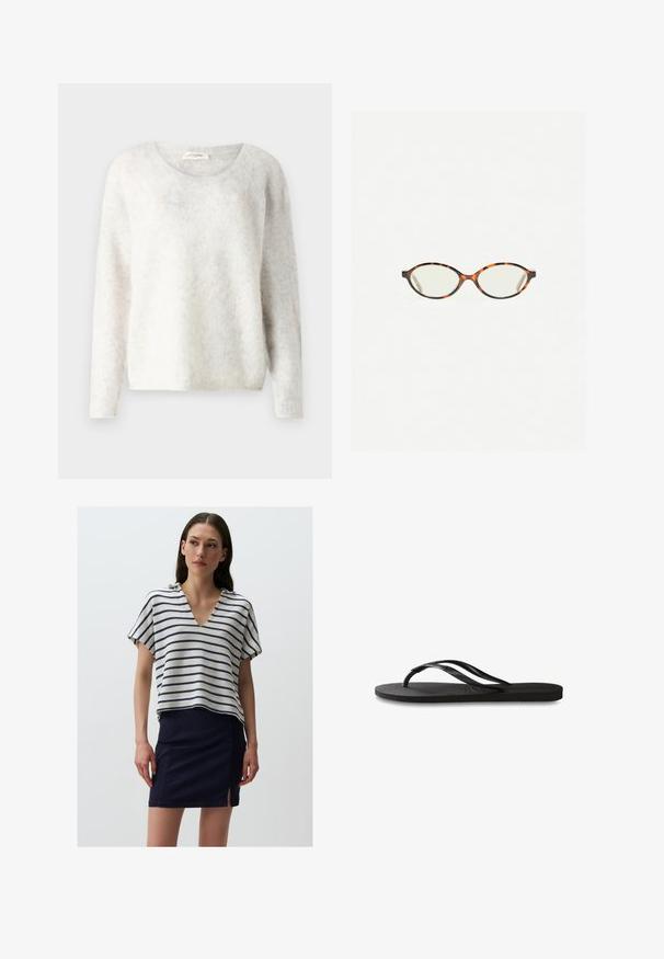 Jasnoszary sweter z długim rękawem, wykonany z miękkiego, puszystego materiału, z okrągłym dekoltem i luźnym krojem. Bez widocznych wzorów ani akcesoriów.; Pasiasty sweter z dekoltem w kształcie V, z poziomymi niebiesko-kremowymi paskami. W połączeniu z niebieską spódnicą z bocznym rozcięciem.; Czarne klapki z teksturowaną gumową podeszwą, dwiema smukłymi paskami oraz subtelnym, wytłoczonym logo na pasku.; Okulary w kolorze tortoiseshell z owalnymi soczewkami i gładkim, eleganckim wykończeniem. Posiadają cienkie boki z delikatnym łukiem w okolicy skroni. Przezroczyste soczewki.