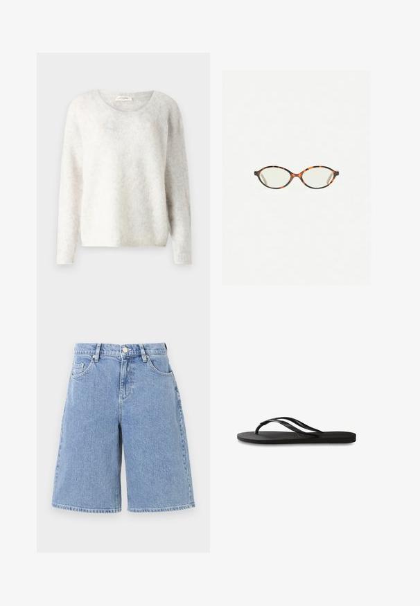 Světle šedý dlouhý svetr vyrobený z měkkého, huňatého materiálu s kulatým výstřihem a uvolněným střihem. Žádné viditelné vzory ani hardware.; Světle modré denimové šortky volného střihu, s vysokým pasem, předními kapsami a dvojnásobně prošitým lemem. Hladká textura s klasickým designem.; Černé žabky s texturovanou gumovou podrážkou, dvěma štíhlými popruhy a jemným, embosovaným logem na popruhu.; Želvovinové brýle s oválnými čočkami a hladkým, jemným povrchem. Má tenké bočnice s jemným zakřivením v chrámcích. Čiré čočky.