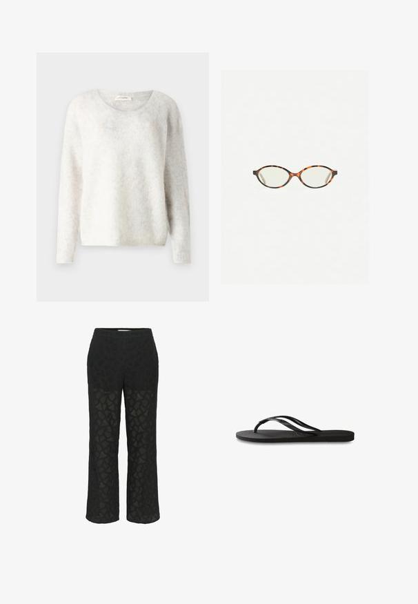 Light gray, long-sleeve sweater made of soft, fuzzy material with a round neckline and relaxed fit. No visible patterns or hardware.; Black lace trousers featuring a patterned design, wide legs, and a soft waistband, with sheer sections for added texture.; Black flip-flop featuring a textured rubber sole, two slender straps, and a subtle, embossed logo detail on the strap.; Tortoiseshell eyeglasses with oval lenses and a sleek, smooth finish. Features thin sides with a subtle curve at the temples. Clear lenses.