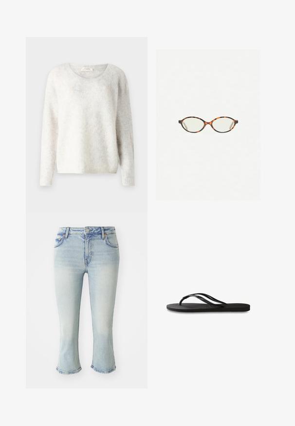 Světle šedý dlouhý svetr vyrobený z měkkého, huňatého materiálu s kulatým výstřihem a uvolněným střihem. Žádné viditelné vzory ani hardware.; Světle modré džíny z denimu s přiléhavým střihem, rozšířeným spodním okrajem a středně vysokým pasem. Jemné vyblednutí a klasický pětikapsový design.; Černé žabky s texturovanou gumovou podrážkou, dvěma štíhlými popruhy a jemným, embosovaným logem na popruhu.; Želvovinové brýle s oválnými čočkami a hladkým, jemným povrchem. Má tenké bočnice s jemným zakřivením v chrámcích. Čiré čočky.