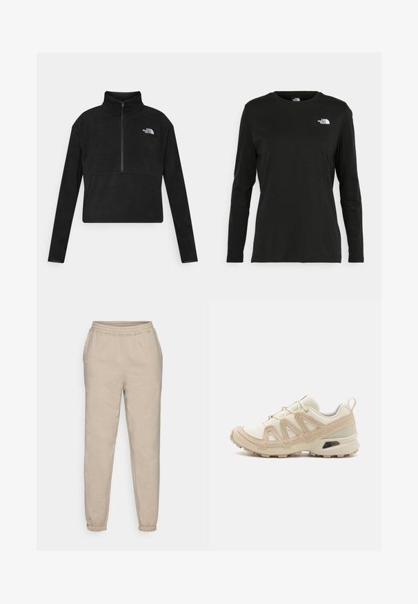 Pulôver de fleece preto com gola alta, fecho de meio zíper na frente e o logotipo branco da The North Face no lado esquerdo do peito. Mangas longas.; T-shirt preto de mangas longas, feito de algodão, com decote redondo. Apresenta um pequeno logótipo branco na área esquerda do peito. Design simples e ajuste confortável.; Calças de fato de treino bege feitas de um tecido macio em mistura de algodão. Apresentam uma cintura elástica e punhos afunilados para um ajuste descontraído.; Sapatilha atlética beige e creme com parte superior em malha texturizada, sobreposições de suporte e sola de borracha com um padrão de cravo para tração.