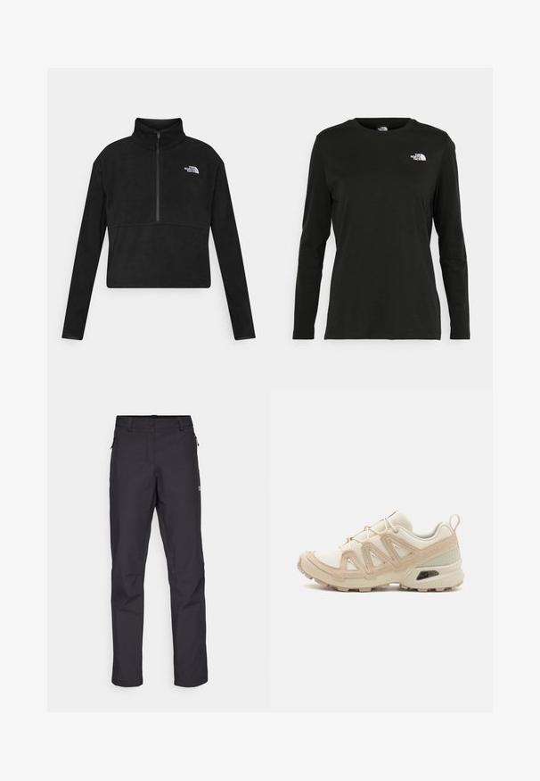 Fekete bolyhos pulóver magas gallérral, félig cipzáras elülső résszel és a The North Face fehér logójával a bal mellrészen. Hosszú ujjú.; Fekete, hosszú ujjú póló pamutból, kerek nyakkal. A bal mellrészen egy kis fehér logó található. Egyszerű dizájn és szabás.; Fekete kültéri nadrág, egyenes lábú szabásban, tartós anyagból készült, oldalsó cipzáras zsebekkel és gombos derékmegoldással.; Beige és krém színű sportcipő, texturált hálós felsőrésszel, támogató burkolattal és gumitalppal, amely tapadás érdekében bordázott mintázattal rendelkezik.