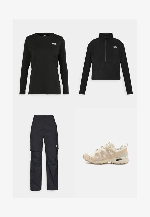 Črn flis pulover z visokim ovratnikom, zadrgo do polovice spredaj in belim logotipom znamke The North Face na levem prsnem delu. Dolgi rokavi.; Črna majica z dolgimi rokavi iz bombaža z okroglo izrezom. Ima majhen bel logotip na levem prsnem delu. Enostaven dizajn in prileganje.; Črne najlon hlače z zipom, ki se lahko odstranijo, s prilagodljivimi manšetami, več žepi in logotipom na desni nogi. Gladka, lahka tekstura.; Bež in krem športni čevlji z teksturiranim mrežastim zgornjim delom, podpornimi prekrivali in gumijastim podplatom z vzorcem za oprijem.