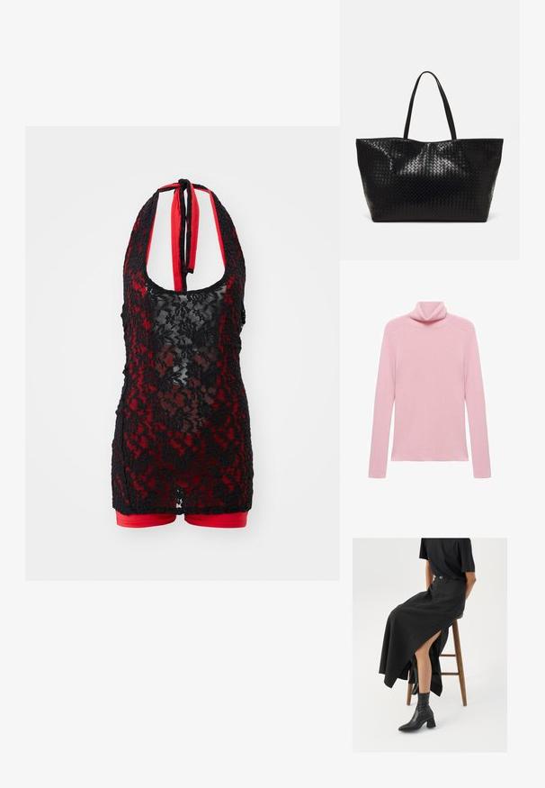 Maglione a maniche lunghe rosa a costine con colletto a pieghe, mostrato piatto su uno sfondo bianco.; Body in pizzo nero con collo all'americana, dotato di un interno rosso e design a pantaloncini. Motivo floreale con una texture trasparente.; Gonna maxi in lino nera con uno spacco alto, indossata con una t-shirt nera e stivaletti neri. Design minimalista con una vestibilità rilassata.; Borsa tote nera intrecciata con due manici robusti, caratterizzata da una texture lucida e un ampio design a apertura aperta.
