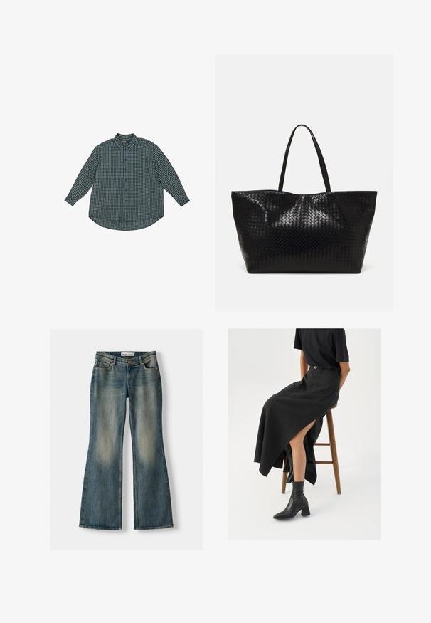 Vaaleanpunainen pitkähihainen ribbikuvioinen neulepusero, jossa on taitettu korkea kaulus, esitelty tasaisena valkoisella taustalla.; Vihreä ja laivastonsininen ruudullinen nappipaita pitkillä hihoilla, pyöreällä helmalla ja nappisuljennalla. Valmistettu kangasmateriaalista, jossa on ruudullinen kuvio.; Siniset leveälahkeiset farkut, joissa on haalistunut pesu, viisi taskua ja nappikiinnitys. Materiaalissa on farkkukangas, jossa on hienovaraisia ompeluyksityiskohtia.; Musta pellavasta valmistettu maxi-hame, jossa on korkea halkio, puettuna mustan t-paidan ja mustien nilkkabootsien kanssa. Minimalistinen muotoilu, rento istuvuus.; Musta kudottu kassi, jossa on kaksi vankkaa kahvaa, näyttävästi kiiltävä rakenne ja tilava avoin yläosa.