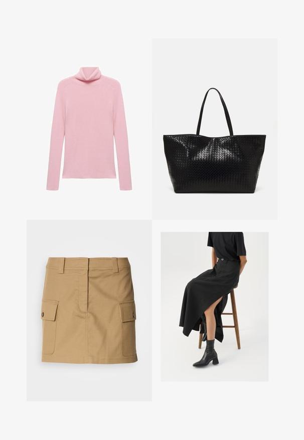 Vaaleanpunainen pitkähihainen ribbikuvioinen neulepusero, jossa on taitettu korkea kaulus, esitelty tasaisena valkoisella taustalla.; Hame khaki yang terbuat dari katun dengan pinggang yang pas, dua kantong samping dengan penutup flap, dan potongan lurus. Kain yang tahan lama dengan tekstur yang halus.; Musta pellavasta valmistettu maxi-hame, jossa on korkea halkio, puettuna mustan t-paidan ja mustien nilkkabootsien kanssa. Minimalistinen muotoilu, rento istuvuus.; Musta kudottu kassi, jossa on kaksi vankkaa kahvaa, näyttävästi kiiltävä rakenne ja tilava avoin yläosa.