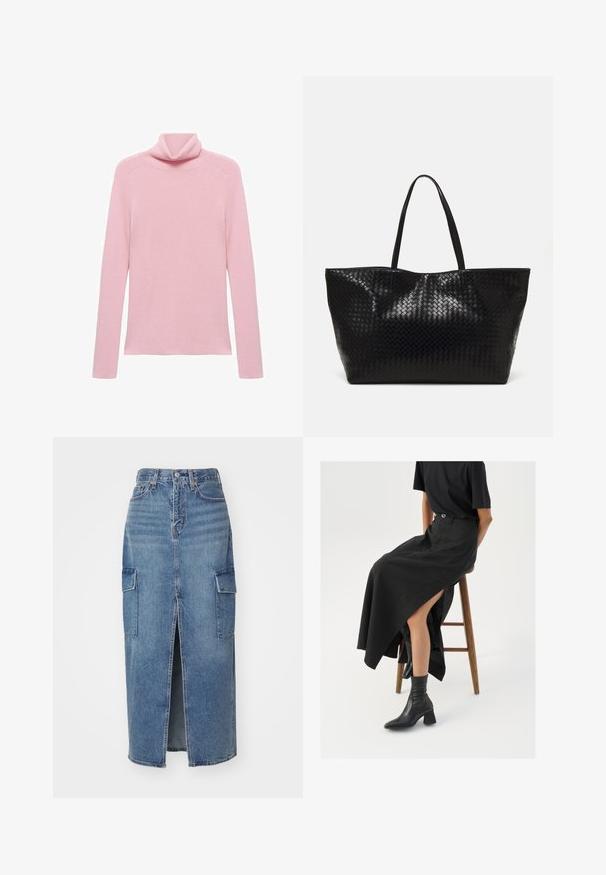 Maglione a maniche lunghe rosa a costine con colletto a pieghe, mostrato piatto su uno sfondo bianco.; Gonna midi di jeans di colore azzurro chiaro. Presenta uno spacco anteriore, due tasche cargo laterali e una chiusura con bottoni tradizionale in vita. Texture liscia.; Gonna maxi in lino nera con uno spacco alto, indossata con una t-shirt nera e stivaletti neri. Design minimalista con una vestibilità rilassata.; Borsa tote nera intrecciata con due manici robusti, caratterizzata da una texture lucida e un ampio design a apertura aperta.