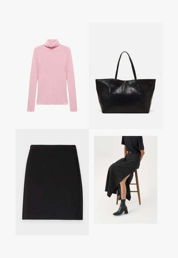 Růžový svetr s dlouhým rukávem a žebrovanou texturou, s ohnutým rolákem, položený na bílé pozadí.; Černá sukně s jednoduchým designem, disponující hladkým povrchem a přiléhavým pasem. Obsahuje boční kapsu pro zvýšení funkčnosti.; Černá maxi sukně z lnu s vysokým rozparkem, nošená s černým tričkem a černými kotníkovými botami. Minimalistický design s volným střihem.; Černá tkaná taška přes rameno s dvěma pevným uchy, má lesklou texturu a prostorný otevřený vrch.