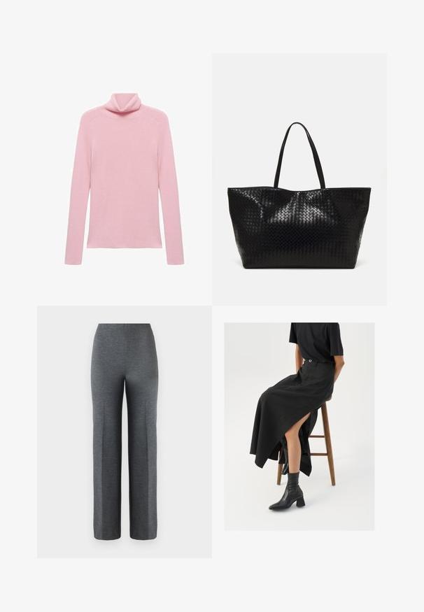 Lyserød langærmet ribbet trøje med en foldet turtleneck-krave, vist fladt på en hvid baggrund.; Grå, vide bukser lavet af et blødt, tekstureret stof. Har en høj talje og ingen synlige metaldele eller dekorationer.; Sort linned maxi-nederdel med en høj slids, båret med en sort t-shirt og sorte ankelstøvler. Minimalistisk design med en afslappet pasform.; Sort vævet tote bag med to robuste håndtag, der har en blank overflade og et rummeligt åbent top design.