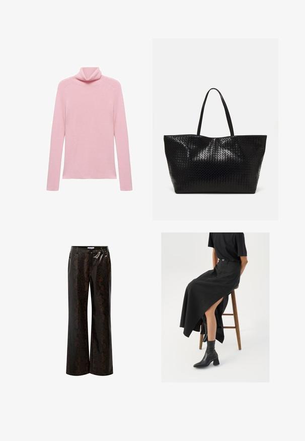 Maglione a maniche lunghe rosa a costine con colletto a pieghe, mostrato piatto su uno sfondo bianco.; Pantaloni larghi in stampa pitone marrone realizzati in materiale lucido, dotati di vita alta, tasche laterali e una texture liscia.; Gonna maxi in lino nera con uno spacco alto, indossata con una t-shirt nera e stivaletti neri. Design minimalista con una vestibilità rilassata.; Borsa tote nera intrecciata con due manici robusti, caratterizzata da una texture lucida e un ampio design a apertura aperta.