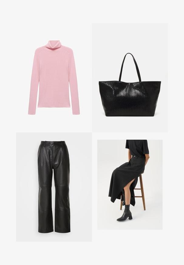 Pink long-sleeve ribbed sweater with a folded turtleneck collar, displayed flat on a white background.; Black leather wide-leg trousers with a smooth texture, featuring a high waist, front pleats, and visible seams. No pockets or embellishments.; Black linen maxi skirt with a high slit, worn with a black t-shirt and black ankle boots. Minimalistic design with a relaxed fit.; Black woven tote bag with two sturdy handles, featuring a glossy texture and a spacious open top design.