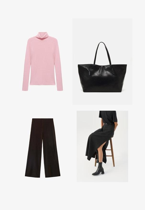 Roze dugih rukava rebrasti pulover s preklopljenim turtleneck ovratnikom, prikazan ravno na bijeloj pozadini.; Crne široke hlače napravljene od mekog materijala, s visokim strukom i glatkom teksturom, s čistim linijama i bez vidljivih kopčanja.; Crna lanena maksi suknja s visokom prorezom, nosi se s crnom majicom i crnim gležnjačama. Minimalistički dizajn s opuštenim krojem.; Crna tkana torba s dva čvrsta držača, s sjajnom teksturom i prostornim dizajnom bez zatvaranja.