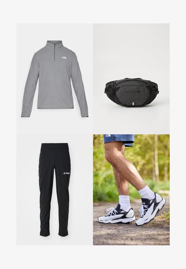 The North Face M GLACIER FLEECE 1/4 ZIP JACKET - Fleecetröja - grey heather; Svarta utomhusbyxor med slät yta, försedda med dragkedjefickor, en åtsittande midja och texturerade detaljer på nedre ben. Försedda med Terrex-logotypen.; Svartvita träningsskor med mesh-överkappa, texturerade detaljer och vita snören. Bärs med vita ankelsockar och marinblå shorts på en stig.; Svart och grå midjeväska med rutmönster, justerbara remmar, två blixtlåsfack och en varumärkeslogotyp på fronten.