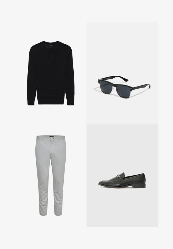 Black knitted long-sleeve crewneck sweater with ribbed cuffs and hem, featuring a textured waffle pattern.; Light gray tailored trousers with a smooth texture, featuring a button closure, belt loops, and front pockets. Cropped ankle length design.; Black leather loafer with a smooth finish, featuring a stitched design and a decorative metal chain accent across the vamp. Flat heel.; Black sunglasses with a rectangular shape, dark lenses, silver accents at the temples, and a matte finish on the frame.